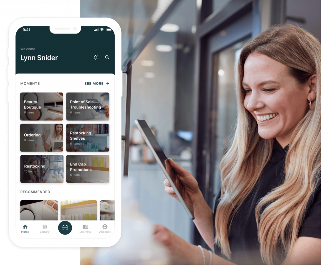 Lynn, a beauty advisor, using Smart Access frontline performance management platform to access self-serve guidance to do her job. Mobile skill building that improves worker output - unlike a Learning Management System